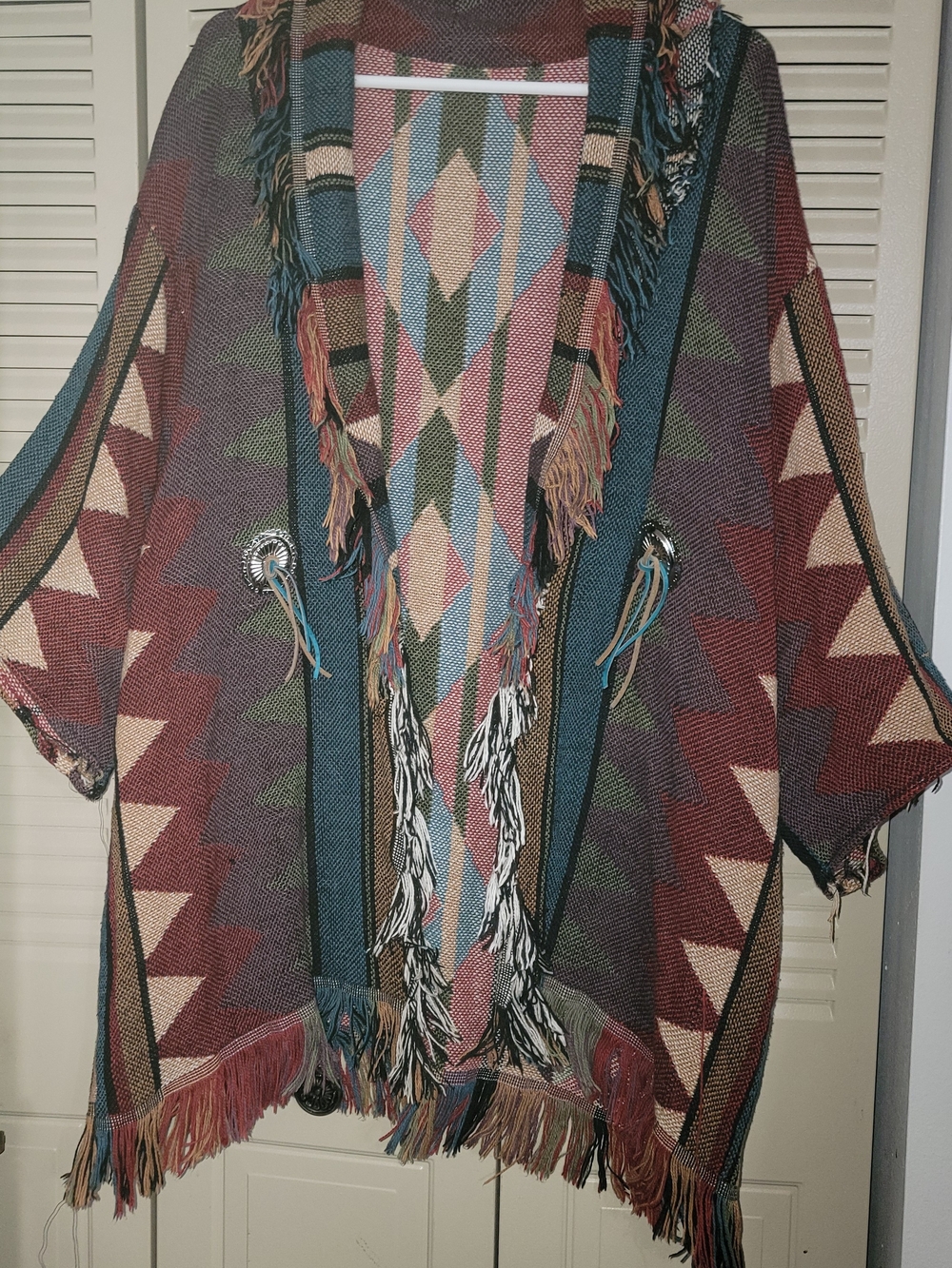 Fringed Aztec Knit Poncho Shrug - Multicolor